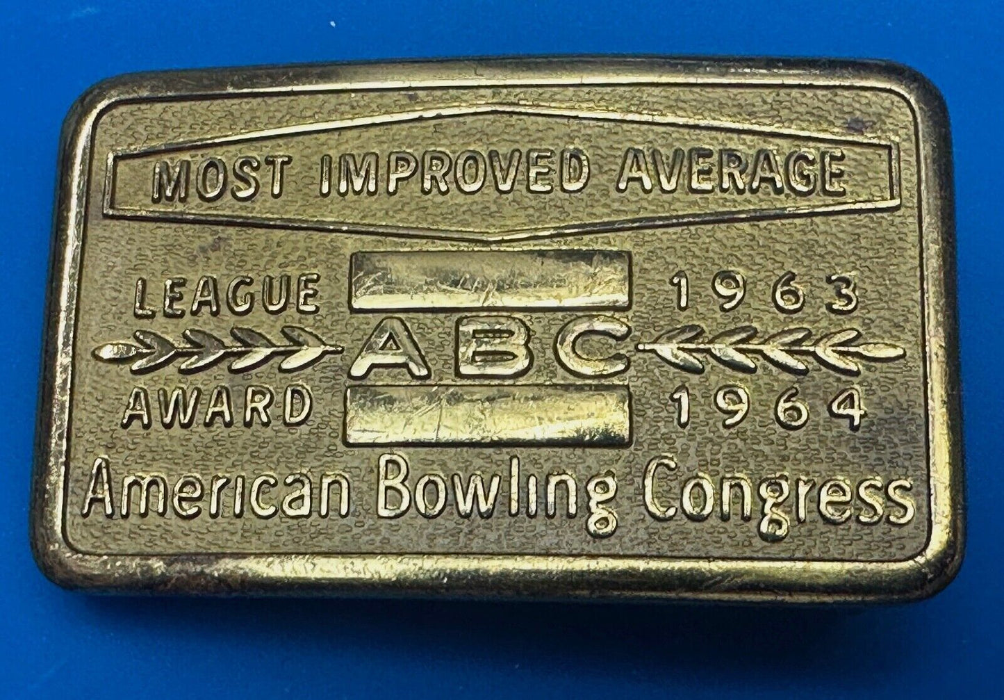 ABC Bowling League Award Trophy 1963 - 64 Belt Buckle RARE Most Improved Average