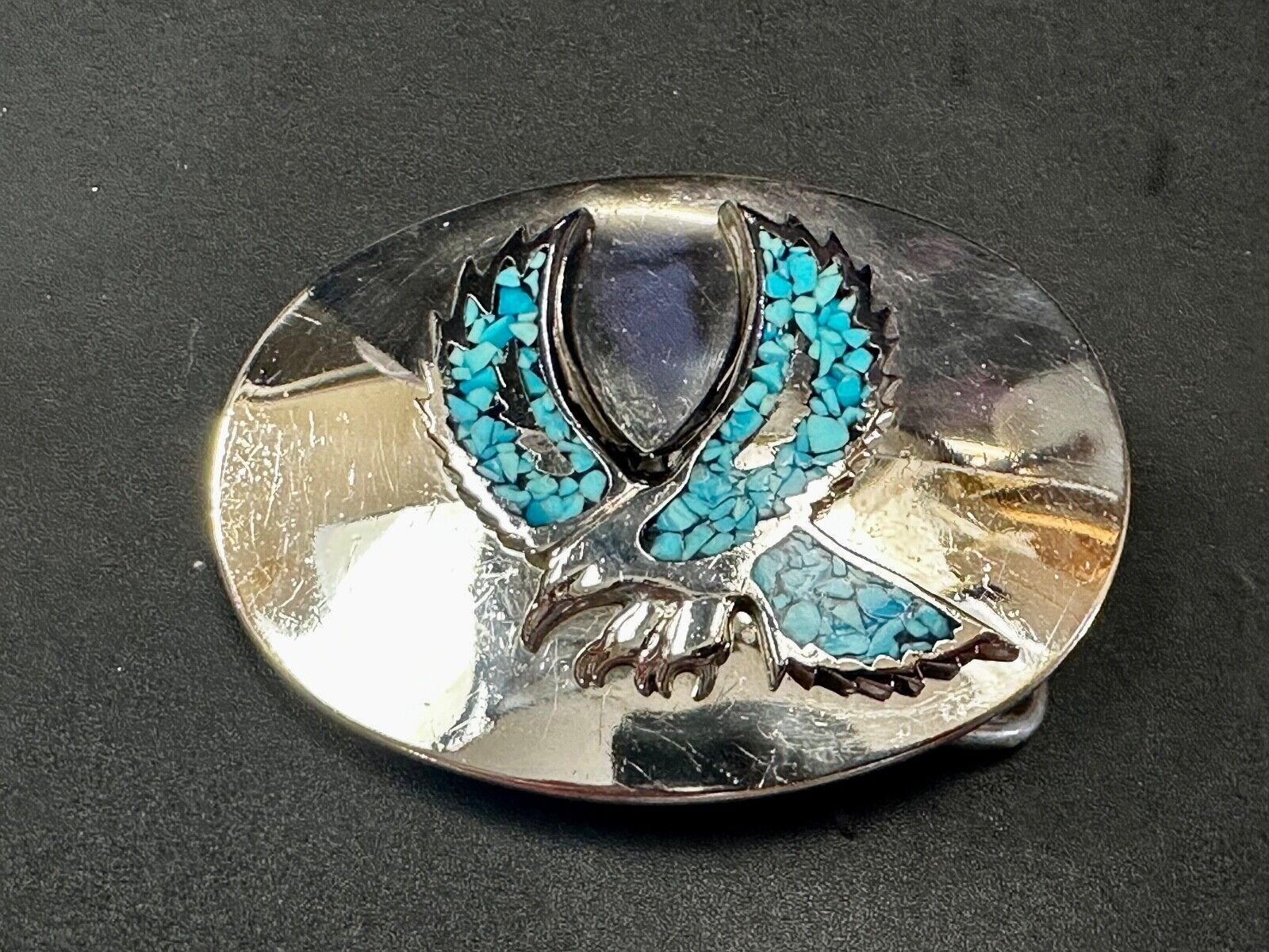 Turquoise Chip inlaid Flying Hunting Diving Patriotic American Eagle Belt Buckle