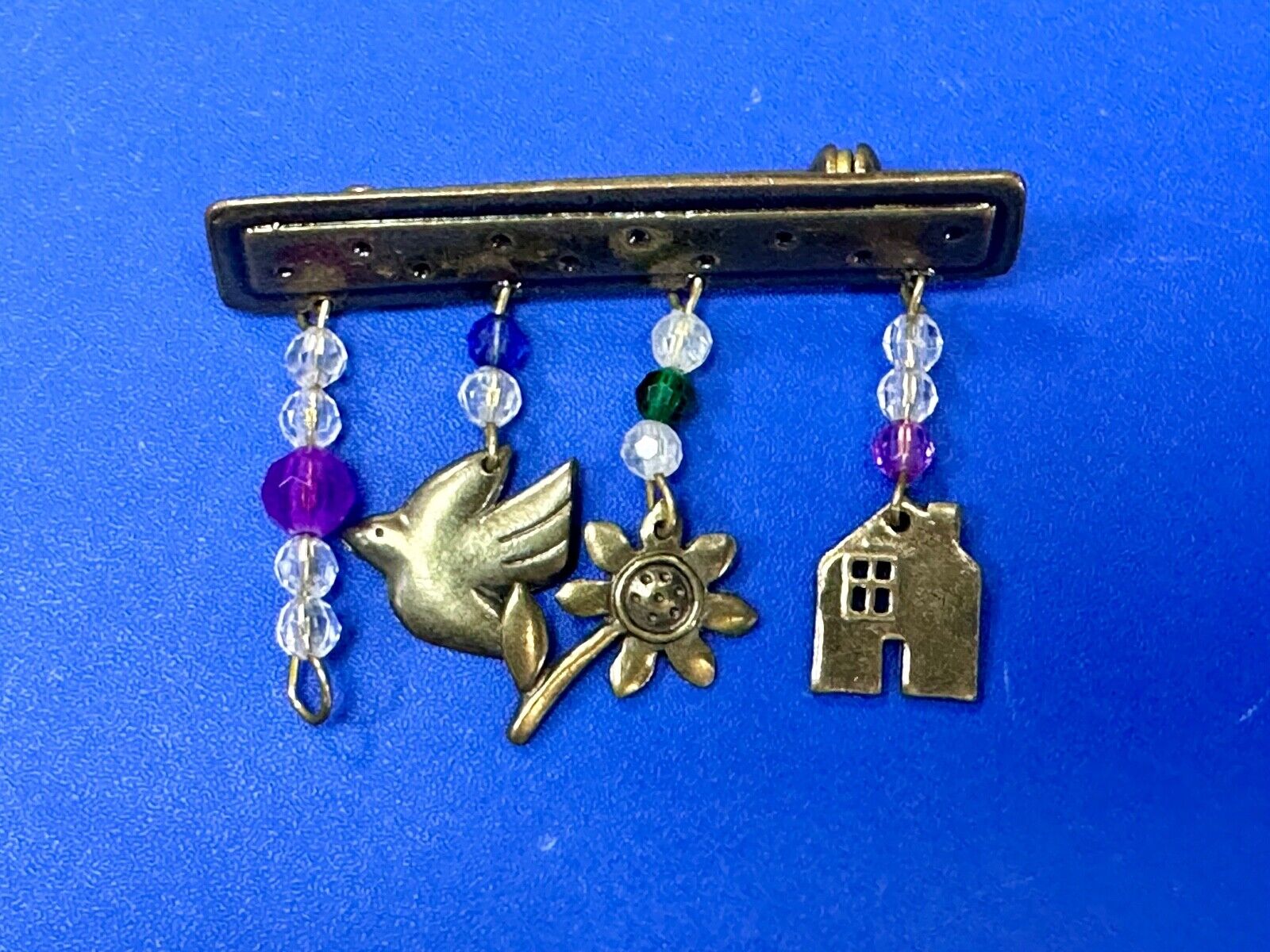 avon signed dangle brooch pin -  Dove stunflower house - missing a charm
