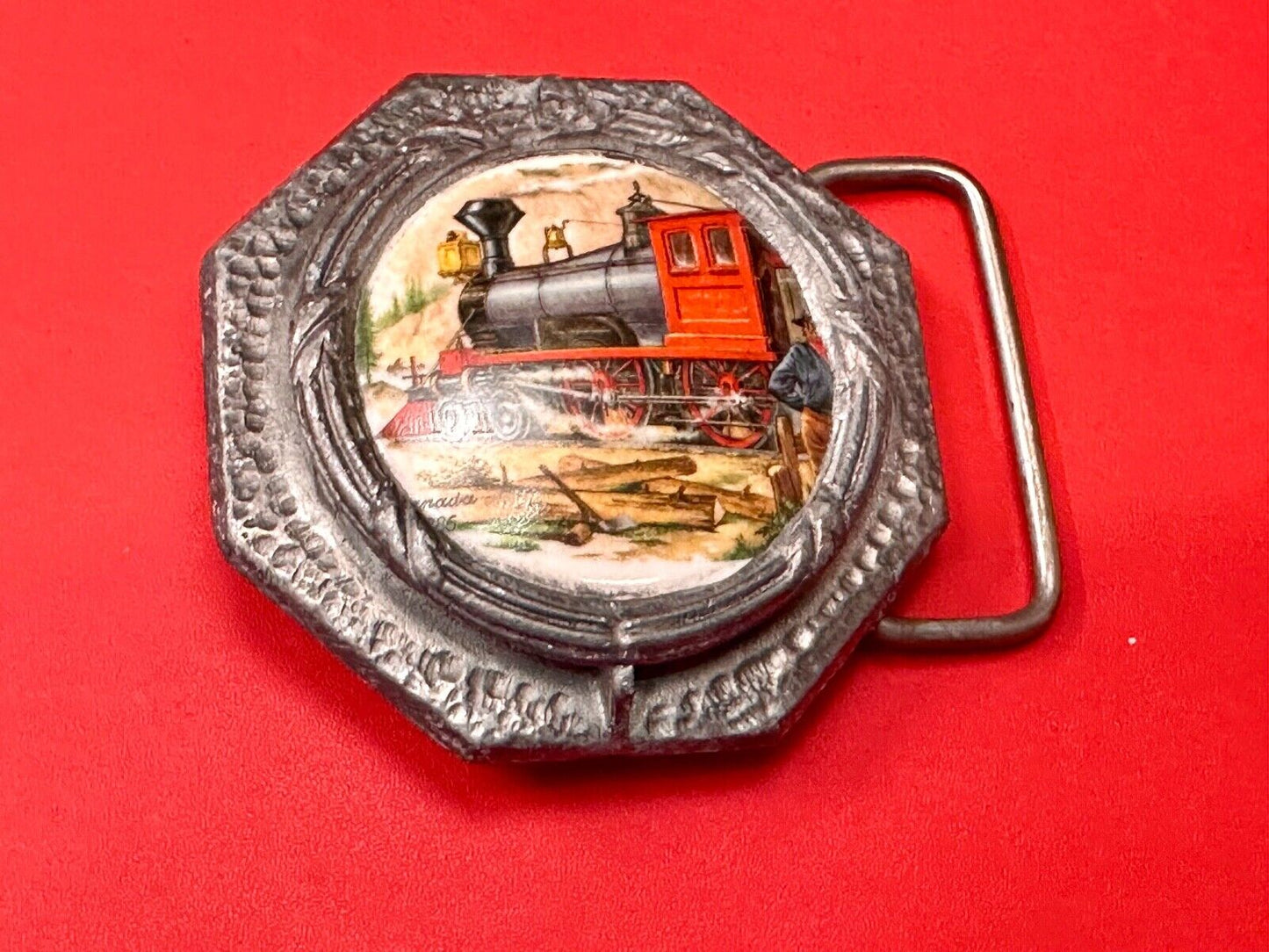 Train Steam Engine Art Picture on ceramic and pewter Vintage Belt Buckle