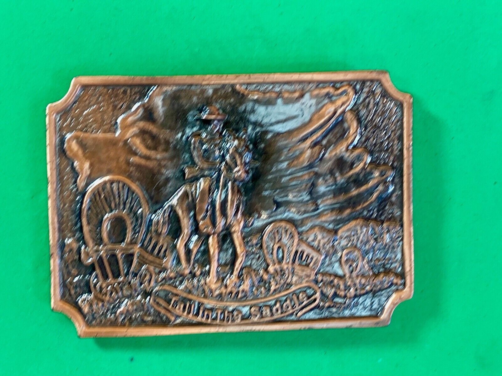Tall In The Saddle Western Rodeo Cowboy On Trail With Covered Wagon Belt Buckle 