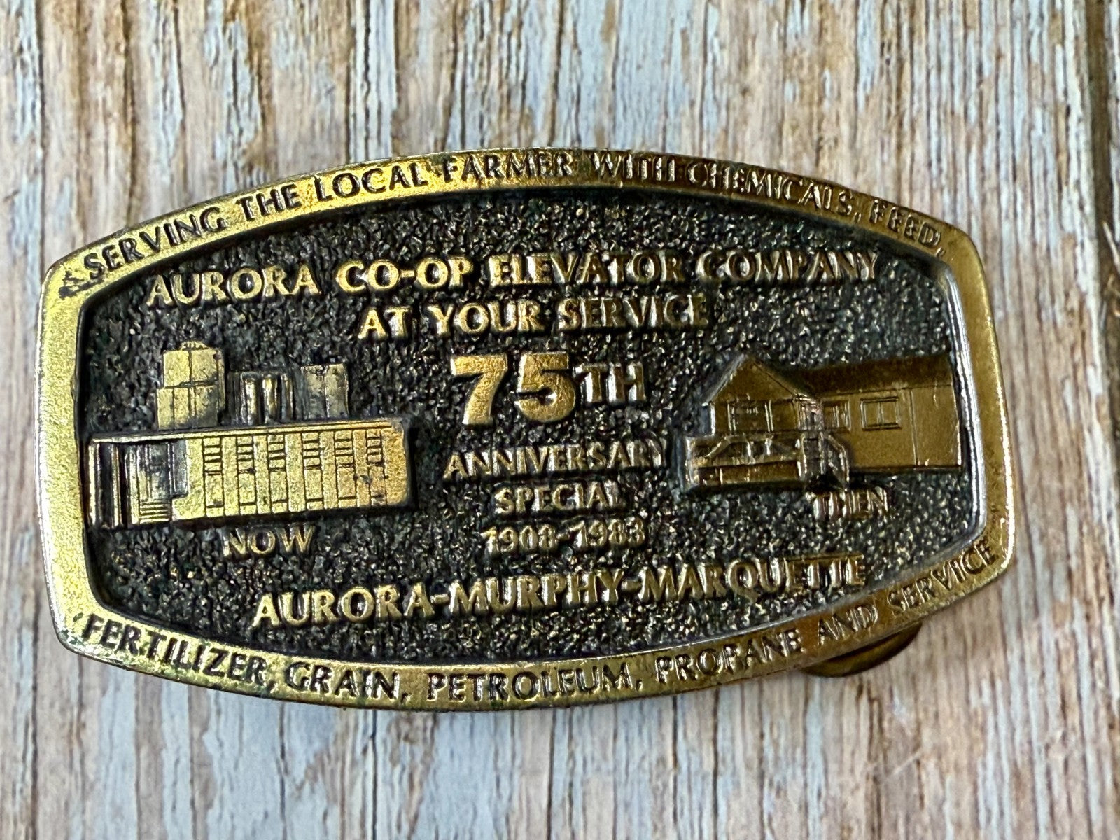Aurora Co-Op Elevator Company at your Service 75th Anniversary Belt Buckle