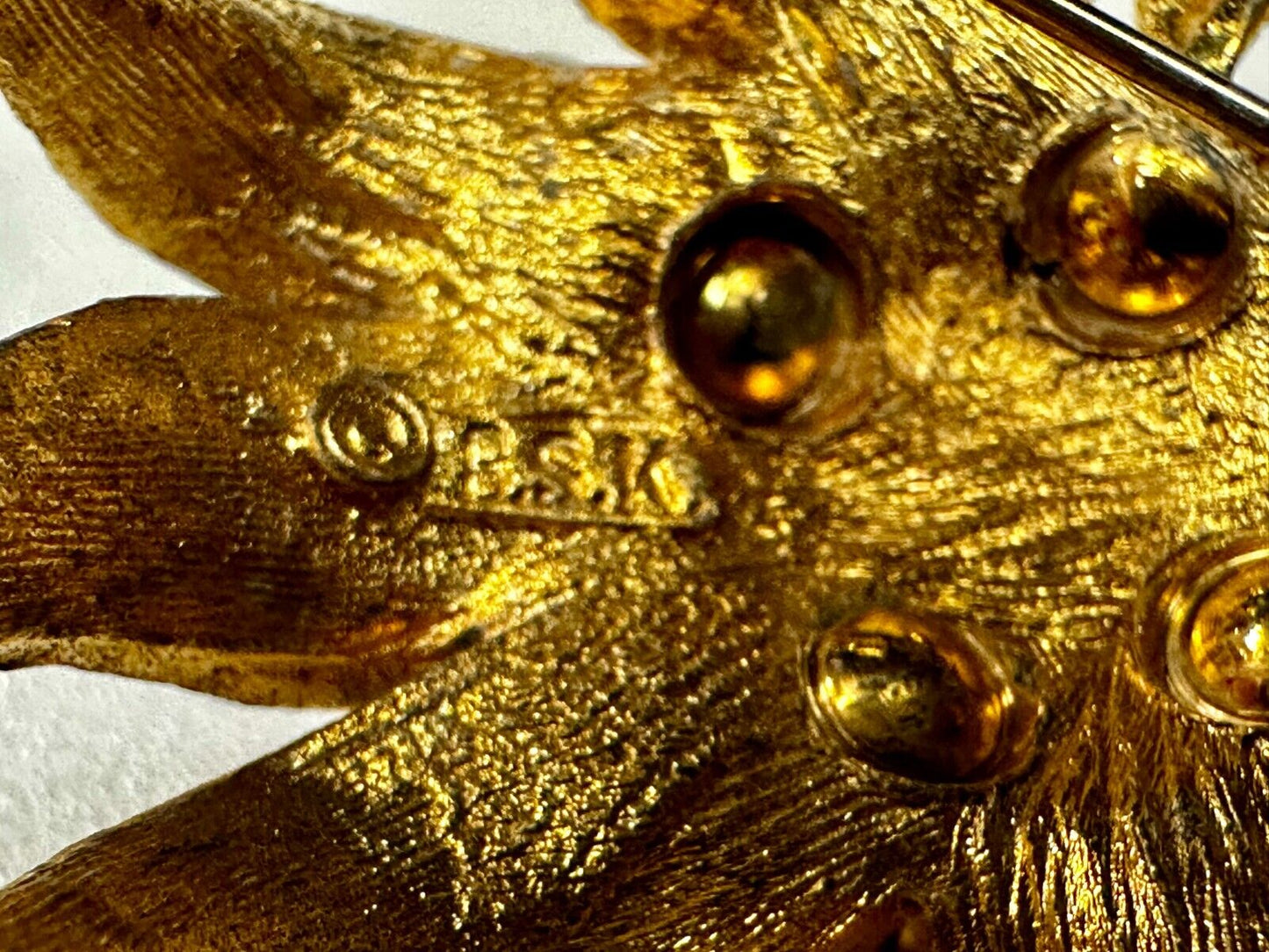 Vintage Flower Textured Brushed Gold Tone Brooch Pin Signed by BSK