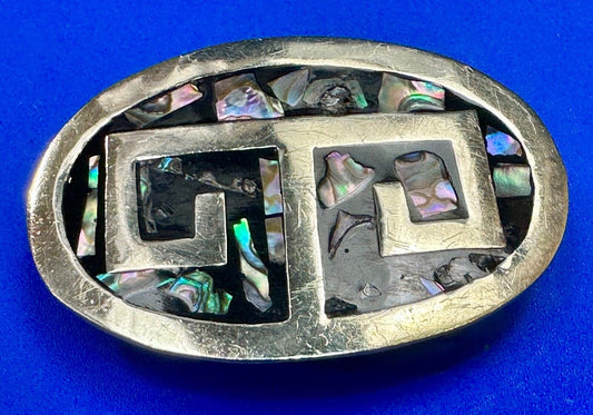 Vintage Alpaca  Mexico Silver Tone Abalone Shell Pattern Oval belt buckle