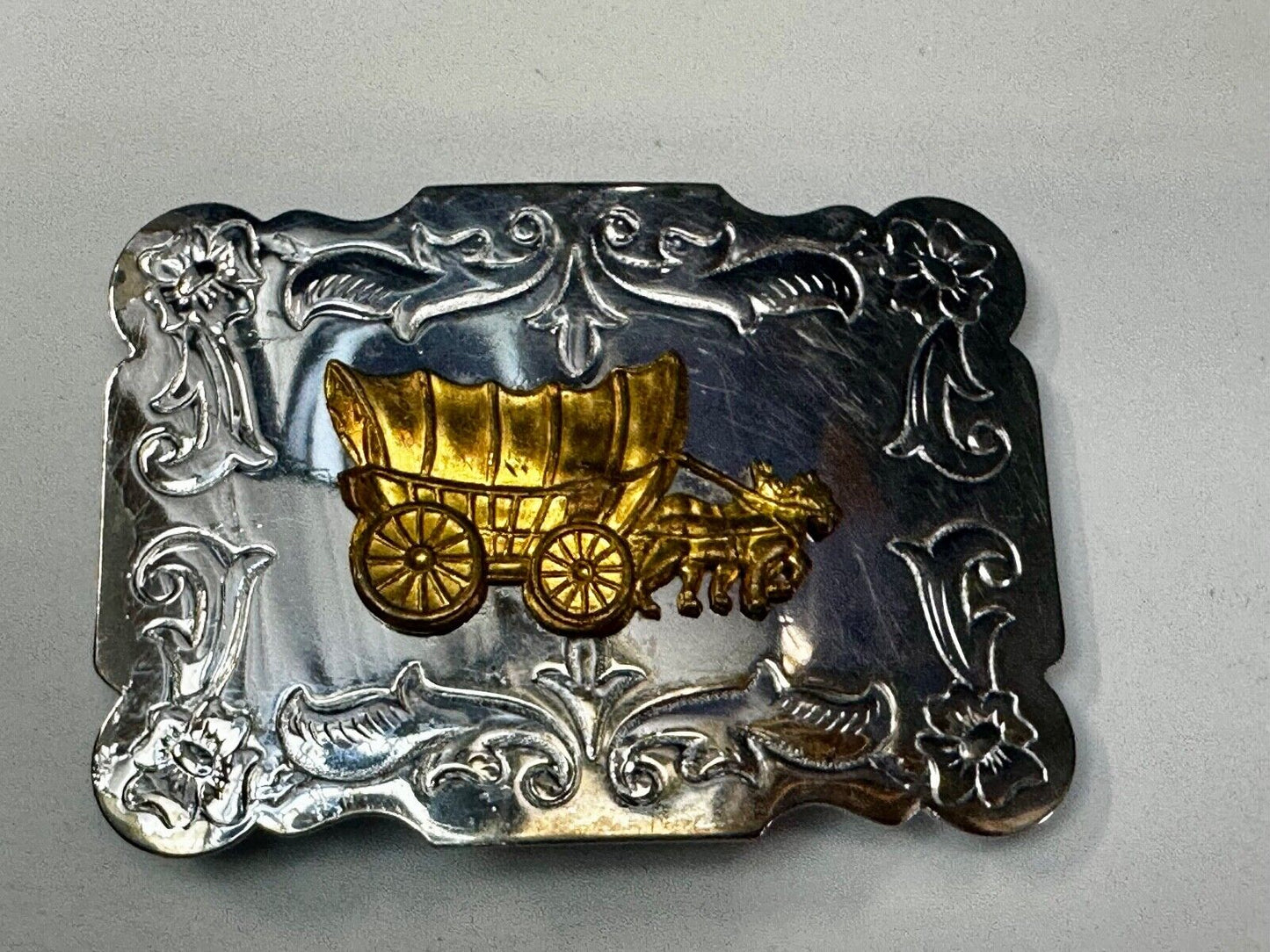 Vintage Horse Drawn Covered Wagon - two tone Belt Buckle with reflective surface