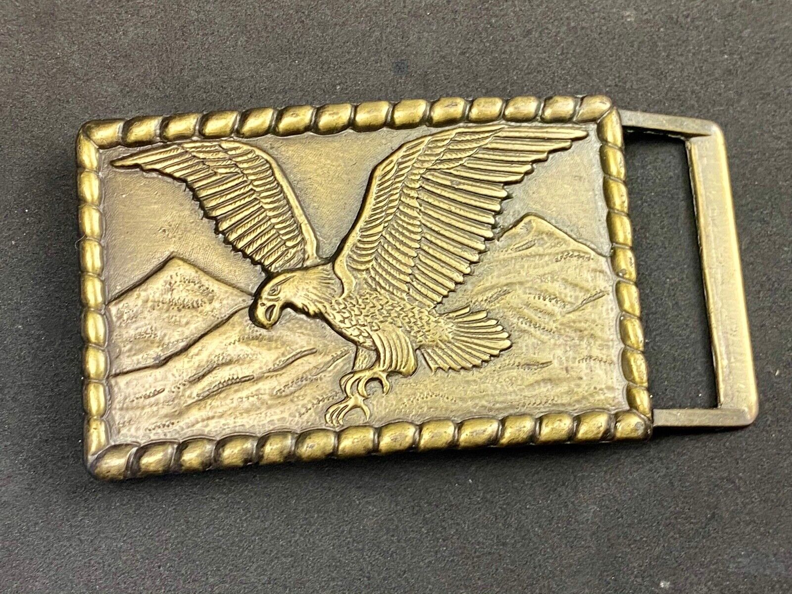 Vintage flying, hunting, fishing American eagle belt buckle with western boarder
