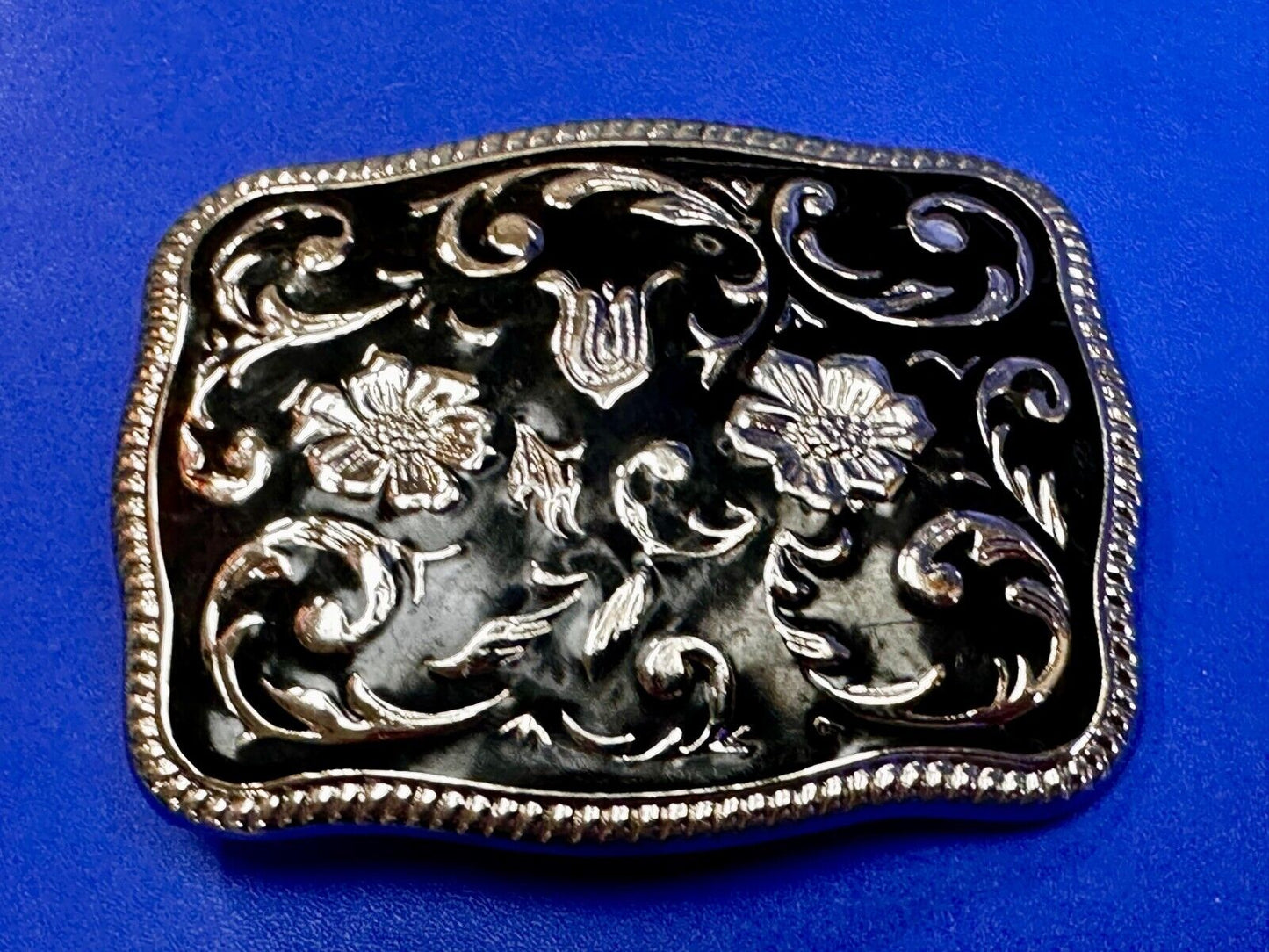 Black & Silver Color Ornate Western Flower Swirl Floral Theme Belt Buckle
