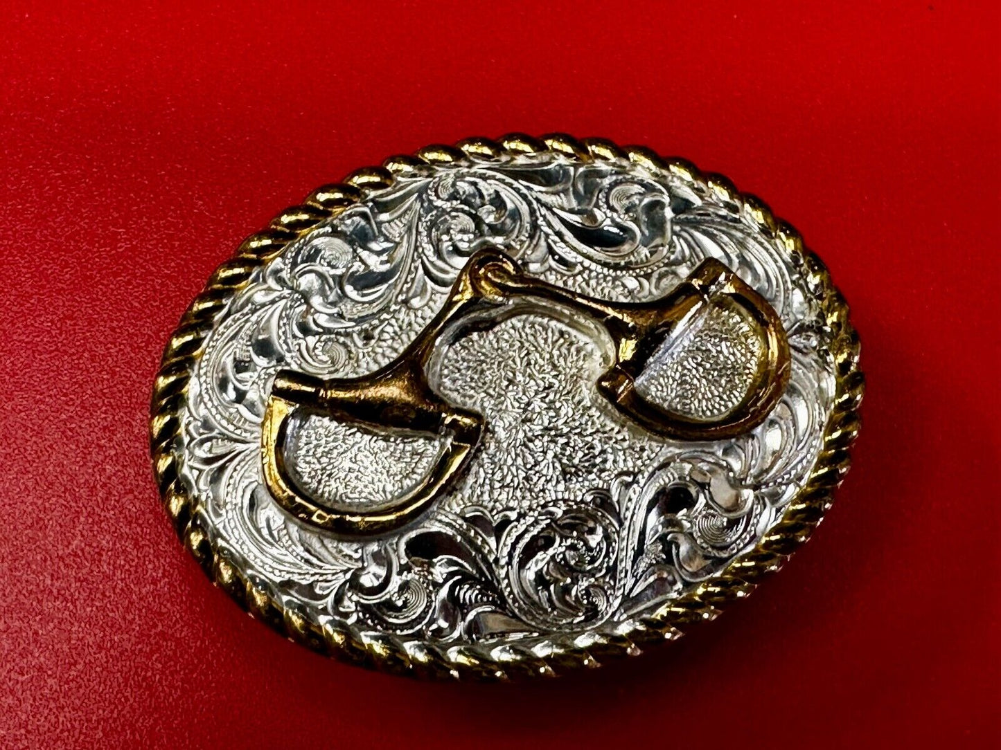 Vintage Crumrine 2" Wide Small Two tone Belt Buckle Engraved Swirl Design