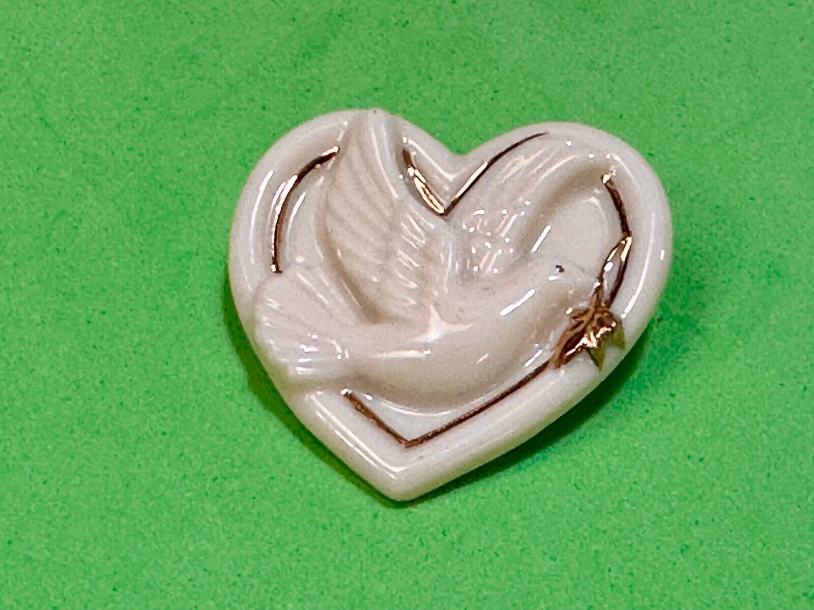 Vintage Lenox Heart Shaped Brooch with Peace Dove & Olive Branch, Gold Trim