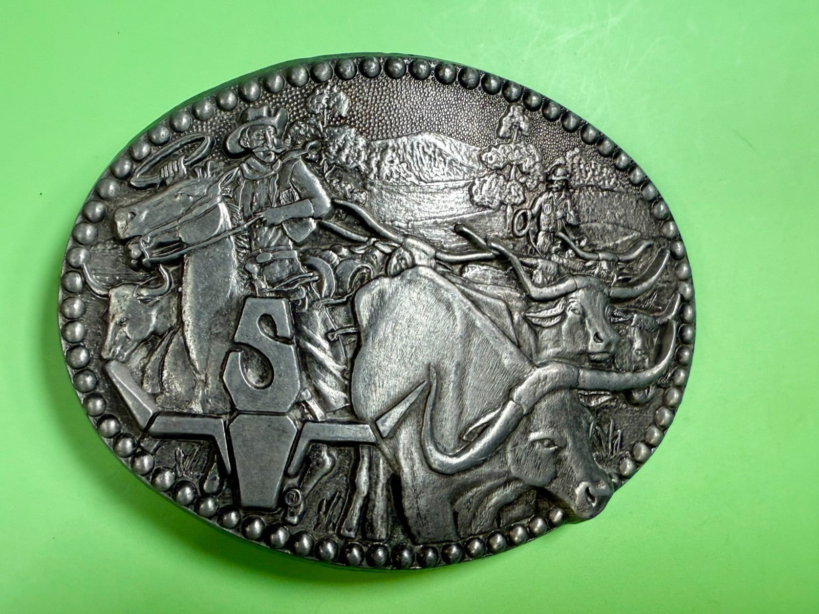 Vintage Cowboy Cattle Drive Belt Buckle 3.75" X 2.75" Pewter Zee Series by ADM