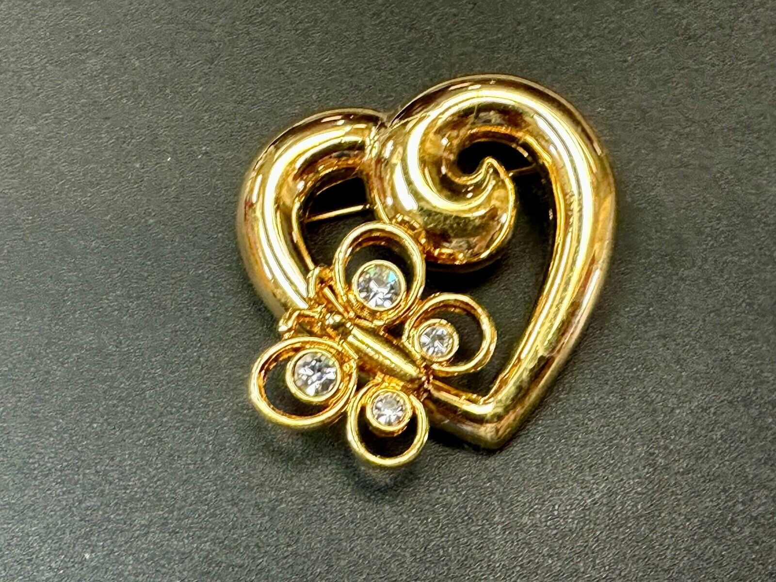 AK Anne Klein signed gold tone heart with rhinestone butterfly Brooch Pin