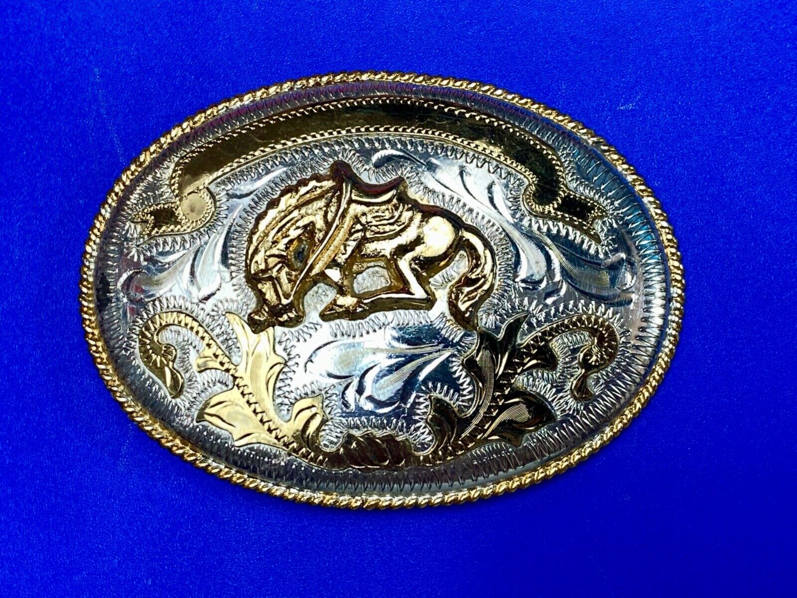 Vintage Horse w/ award ribbon scroll Alpaca Mexico Stamped western belt buckle