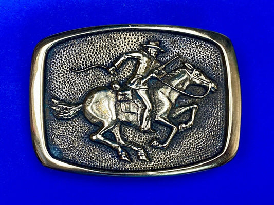 Vintage 1978 Horseback Rider Cowboy Bank Robber Solid Brass Belt Buckle By BTS