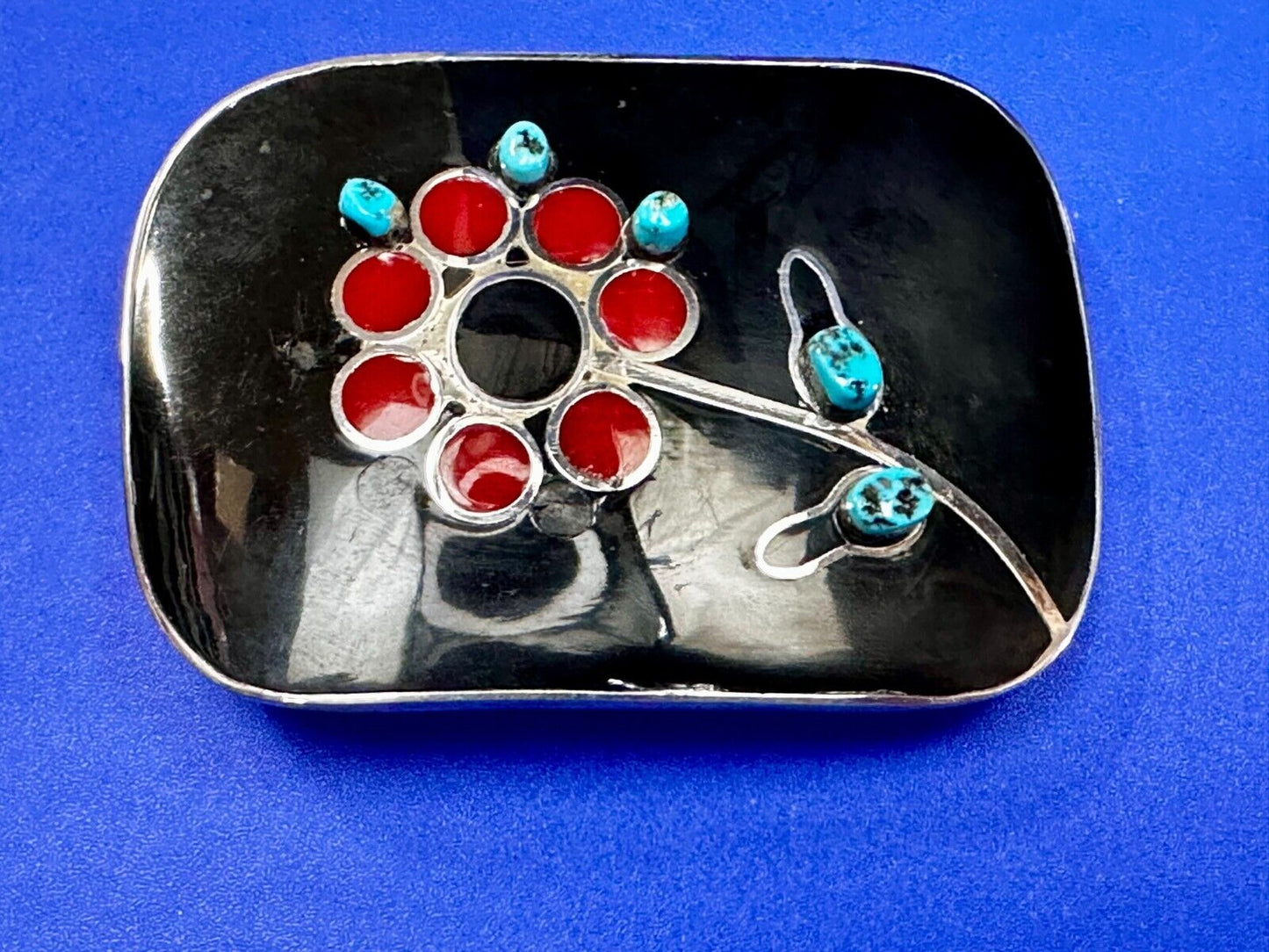 Turquoise Stone Floral Theme Native American Indian Artisan Silver Belt Buckle
