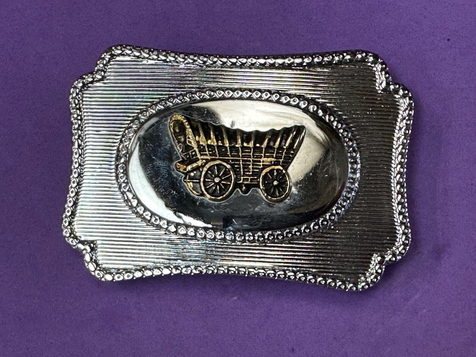 Vintage Horse Drawn Covered wagon on western two tone belt buckle