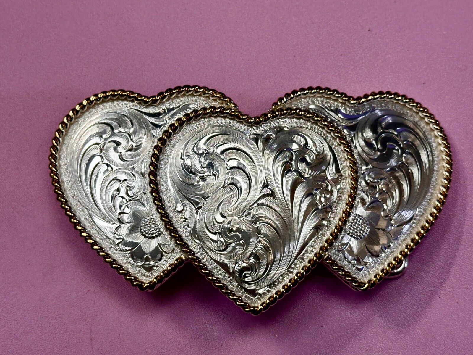 Triple 3 Hearts  Etched Floral Vintage Large Montana Silversmiths Belt Buckle