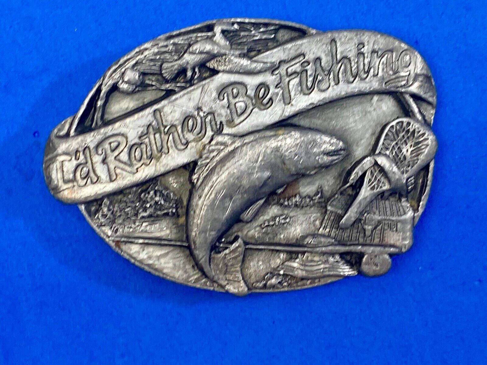 Vintage 1985 "I'd Rather Be Fishing" M-30 Pewter Belt Buckle  - Perfect Gift! 