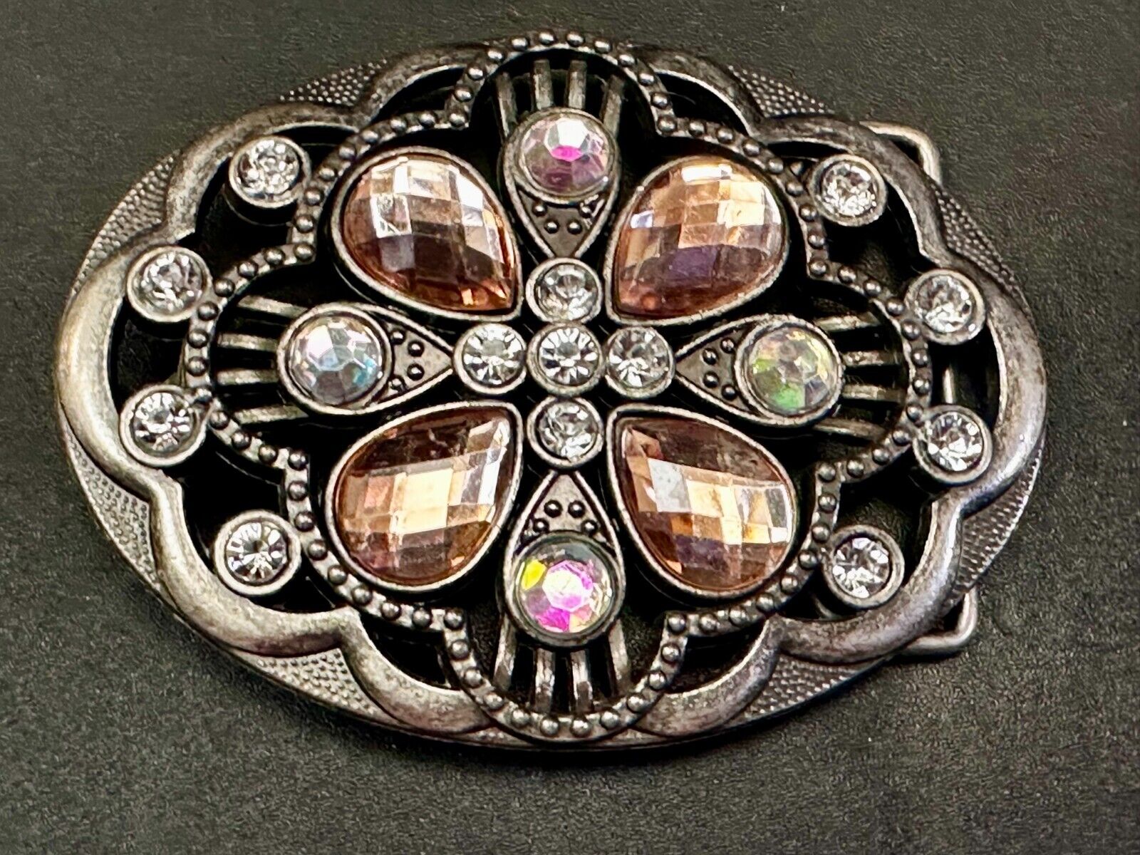 Beautiful Floral Design Silver Tone Metal W/ Rhinestones See Through Belt Buckle