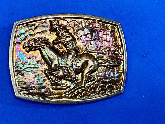 Vintage Horse Back Rider Racing Through Town Western Belt Buckle 