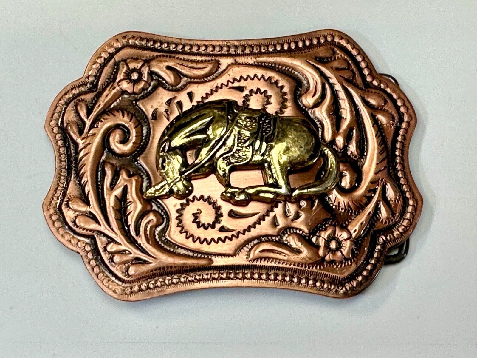 Vintage Horse w/  head down end of the trail two tone ornate western belt buckle