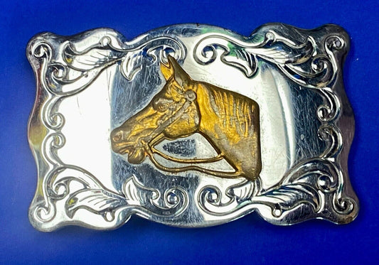 Two Tone Ornate Boarder Horse Head Western Rodeo Cowgirl Cowboys Belt Buckle