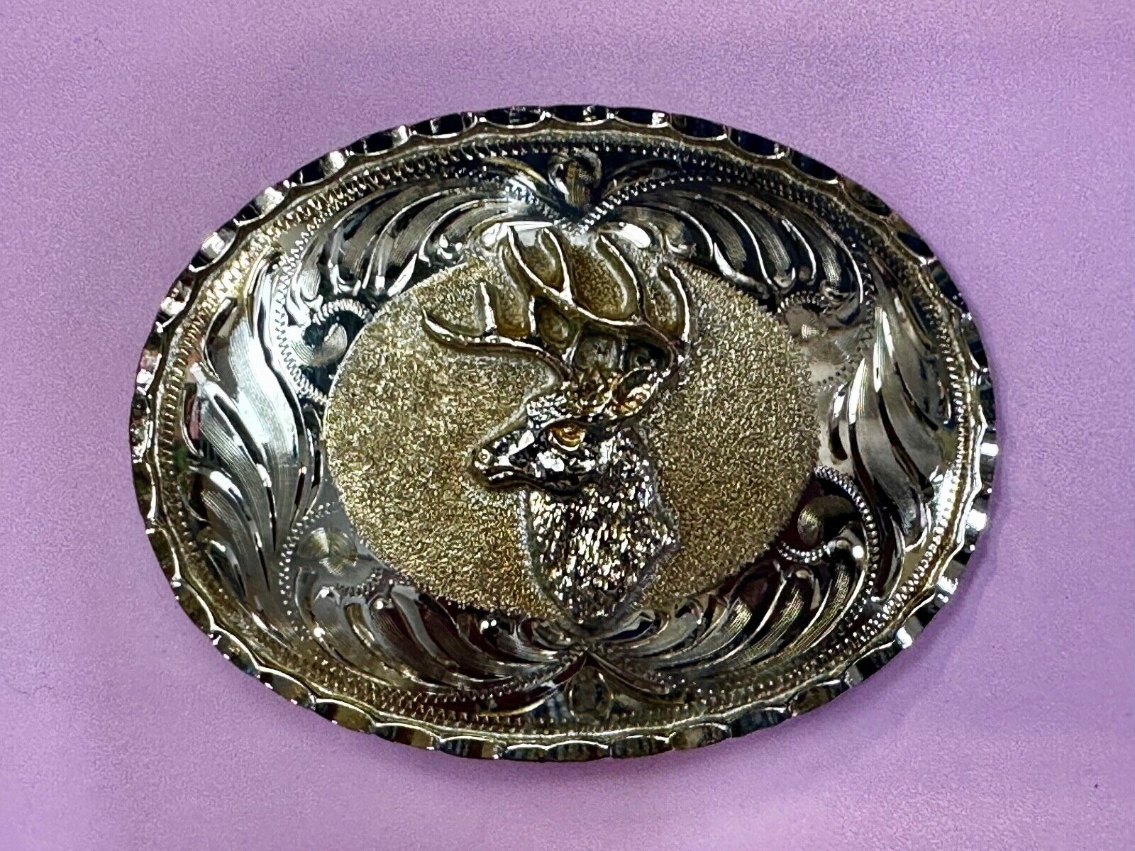 Unique Deer  Buck Elk - Ornate Alpaca Mexico Made Vintage Belt Buckle