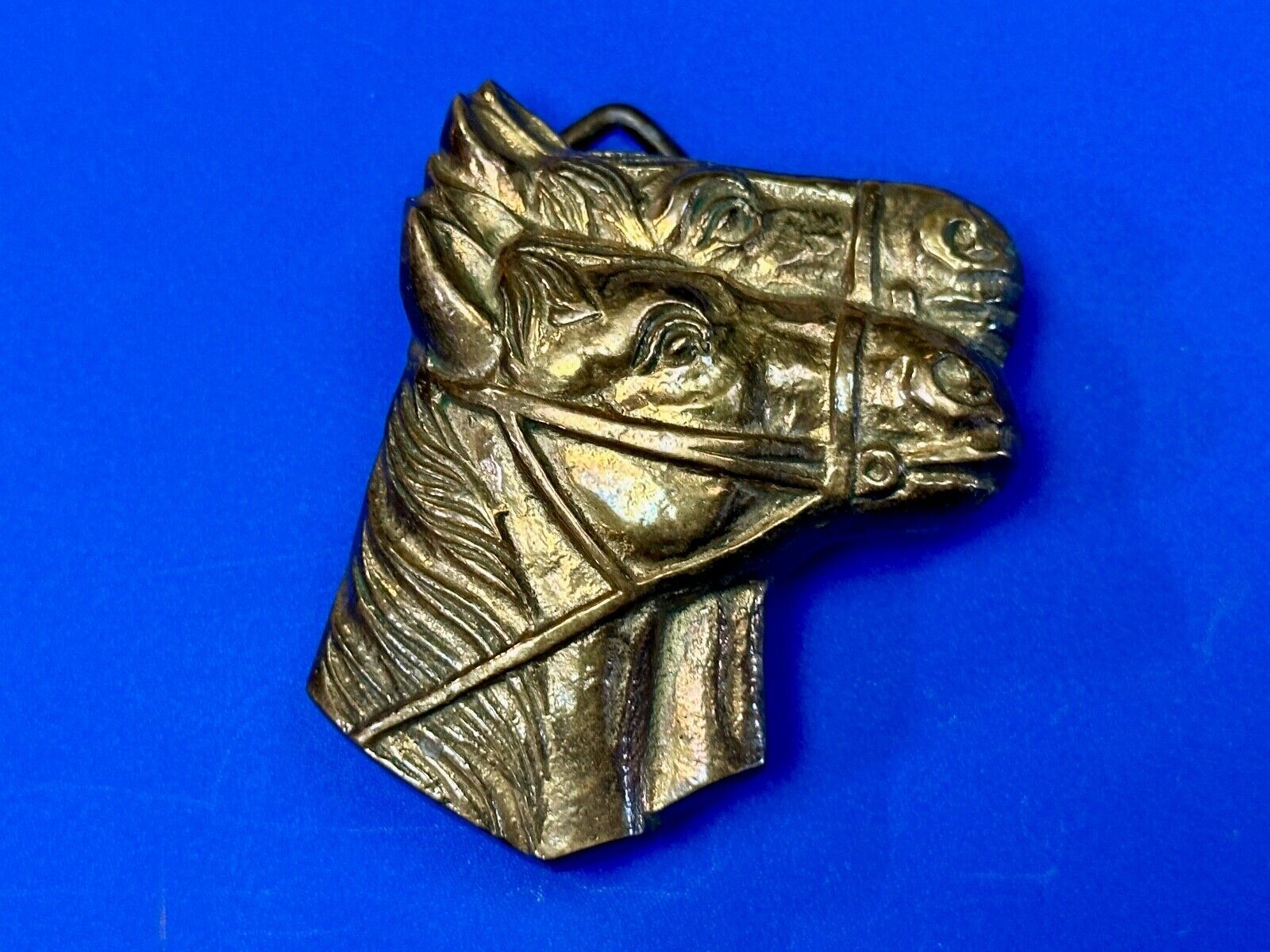Two Horse Heads vintage solid brass cut out belt buckle - Taiwan Amazing Detail!
