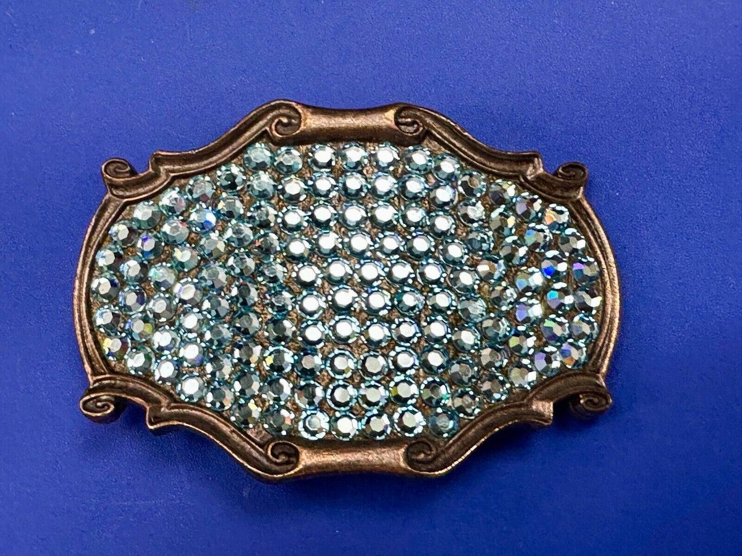 Vintage light blue rhinestone covered western framed belt buckle