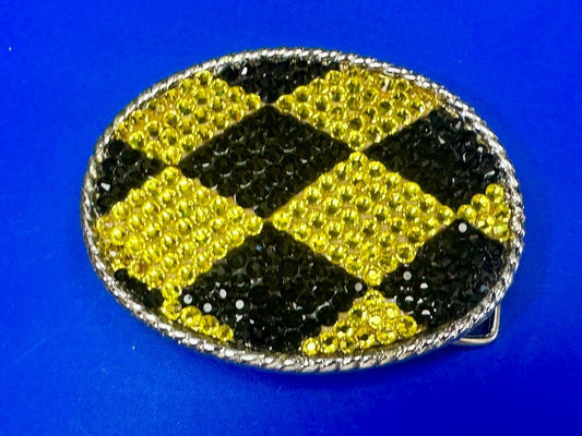 Black  yellow rhinestone Jester Diamond Checkerboard pattern 3.5" belt buckle