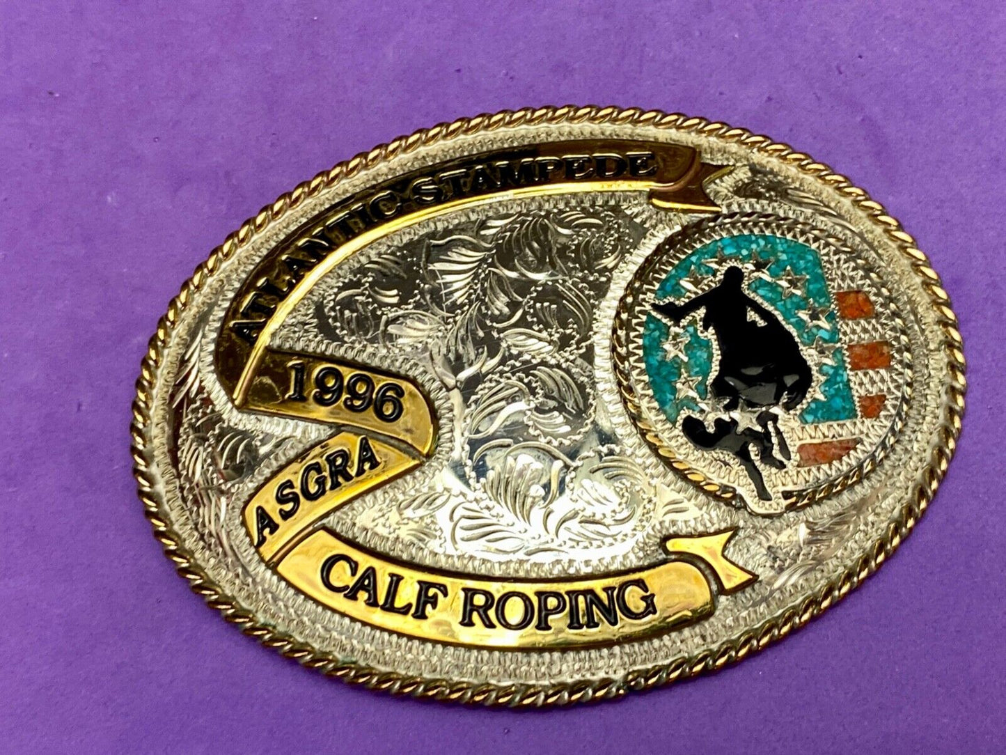 1996 ASGRA Calf Roping Atlantic Stampede turquoise coral belt buckle  - JACKSON