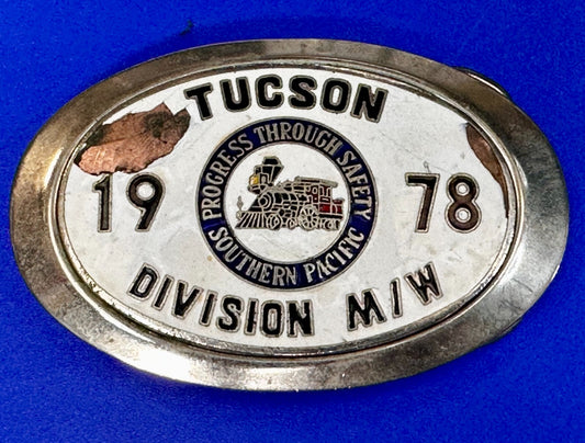 1978 Southern Pacific Tucson Division Railroad Safety Silver Tone Belt Buckle
