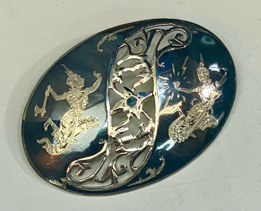 Thai Nakon Siam Black Sterling 925 Brooch Pin Niello Ramasoon & Mekkala Goddess