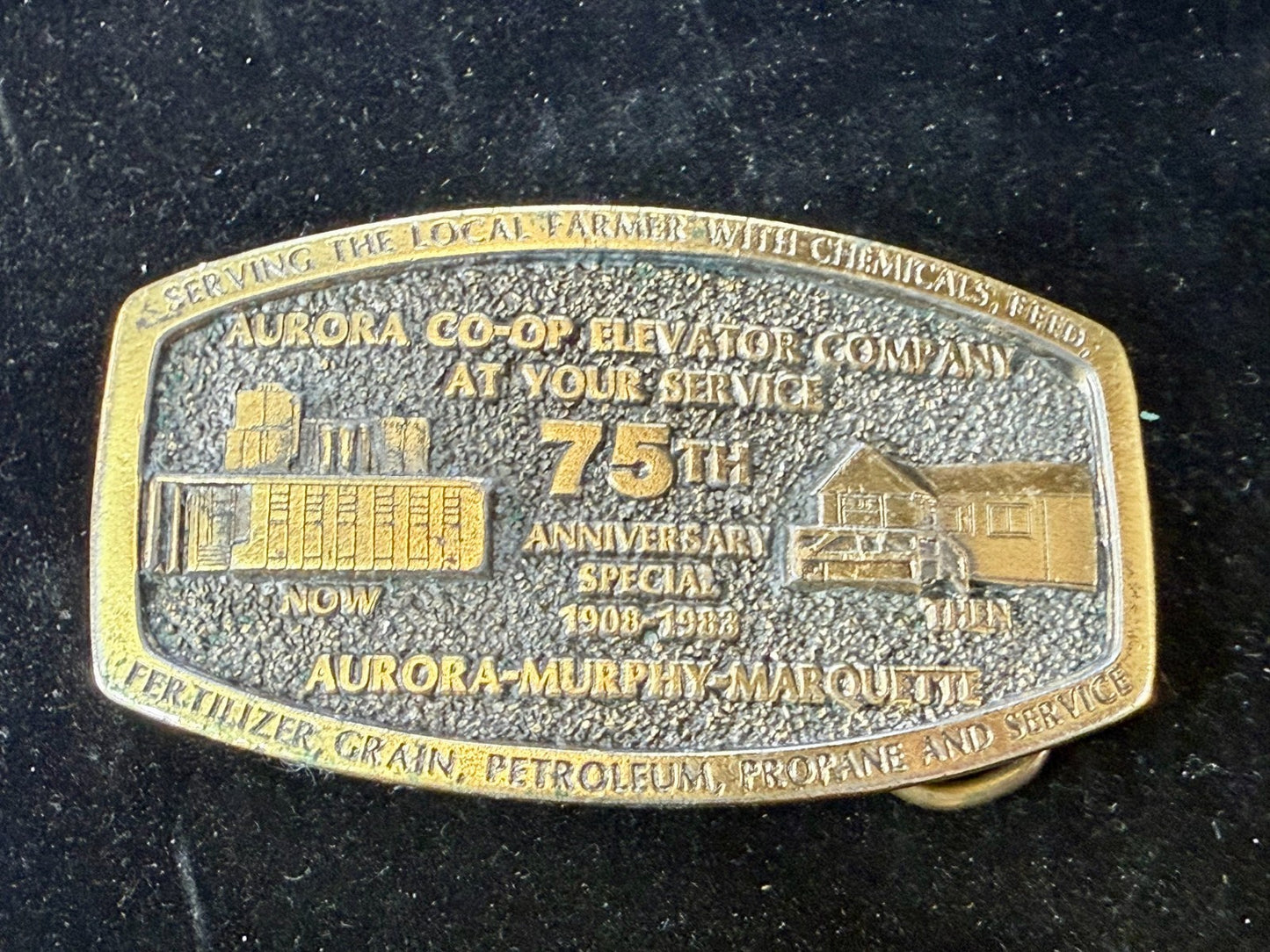Aurora Co-Op Elevator Company at your Service 75th Anniversary Belt Buckle