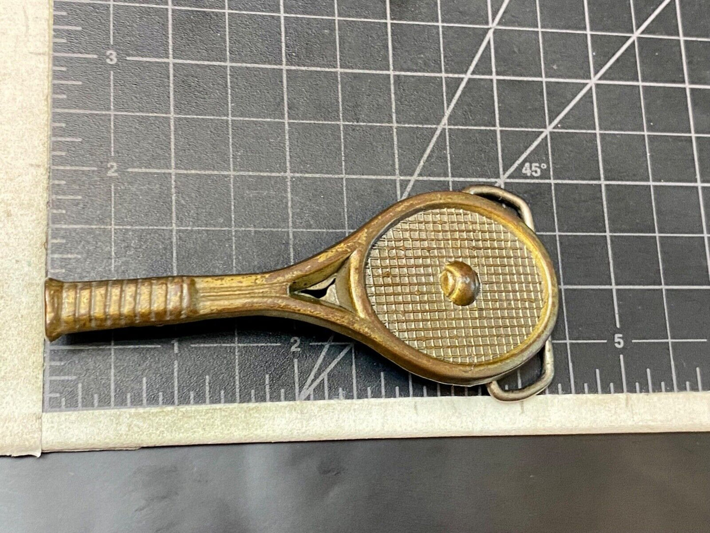 Unique Figural Tennis Racket and ball Sports Game brass tone belt buckle