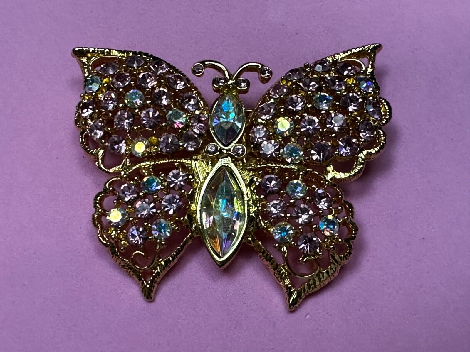 Aurora Borealis Butterfly Jeweled Insect Figural Brooch Pin Signed By Graziano