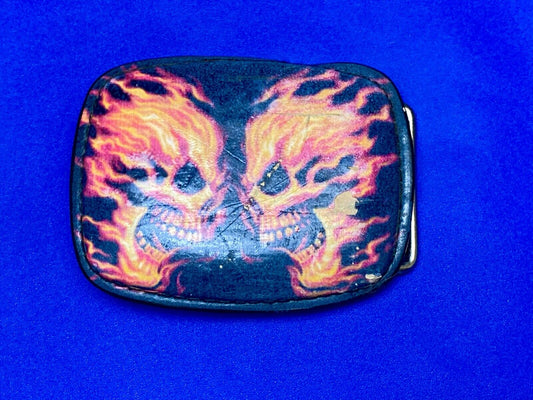 Two Flaming Skulls Heads Facing Each Other Black Belt Buckle