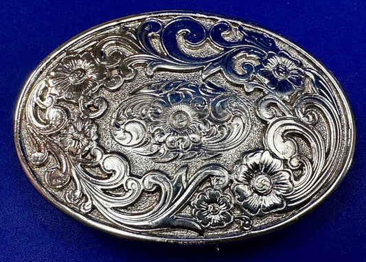 Vintage Flower Swirl Floral Theme Silver Color 1994 Western Oval Belt Buckle