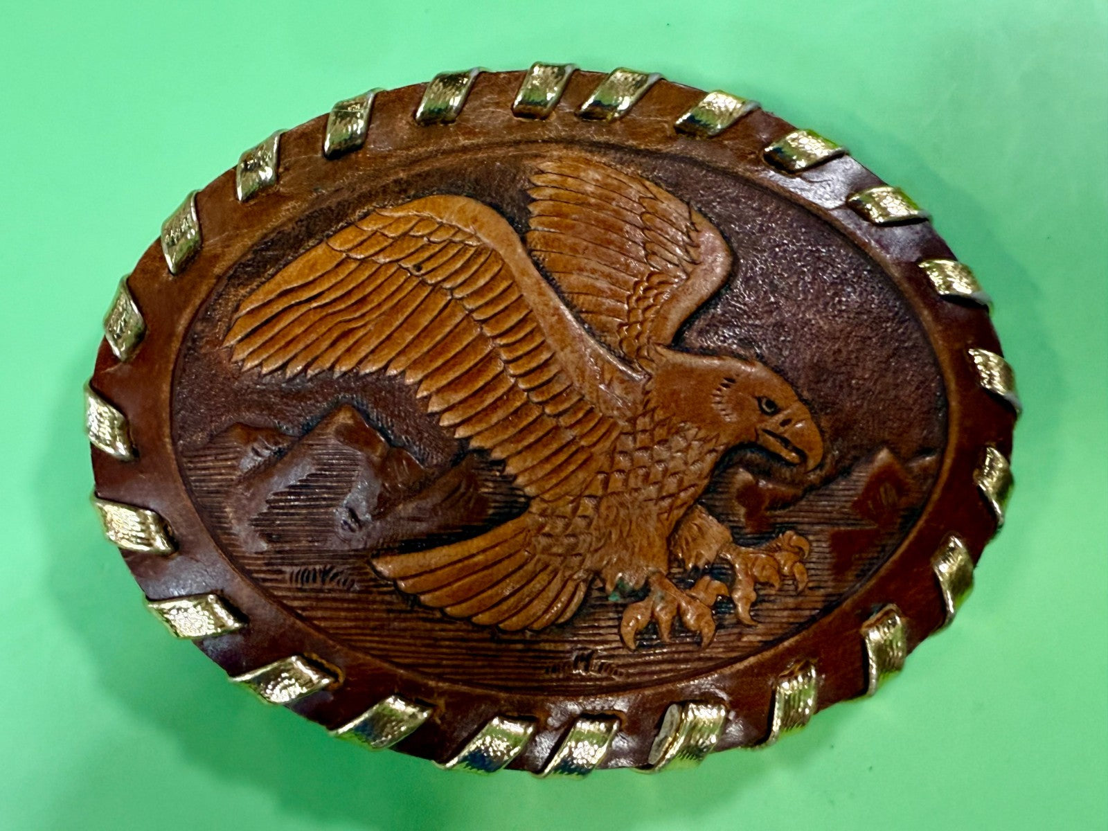 American Bald Eagle Flying Over the Mountain Embossed on Leather Belt Buckle
