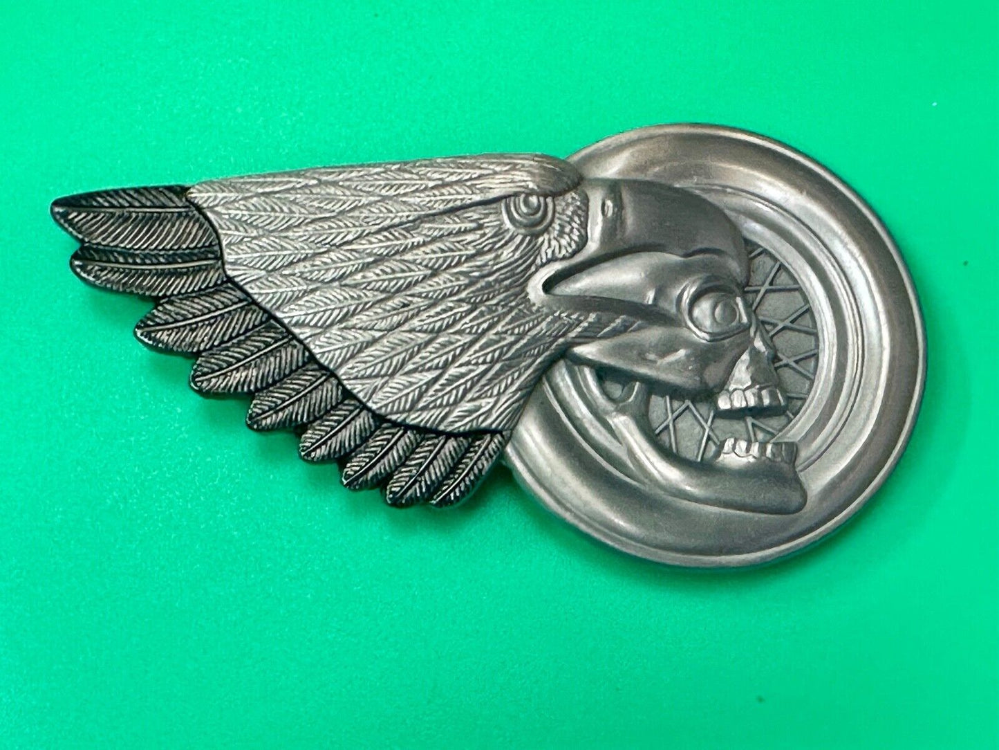 Bikers Skull with Eagle Wing and Motorcycle Wheel figural belt buckle