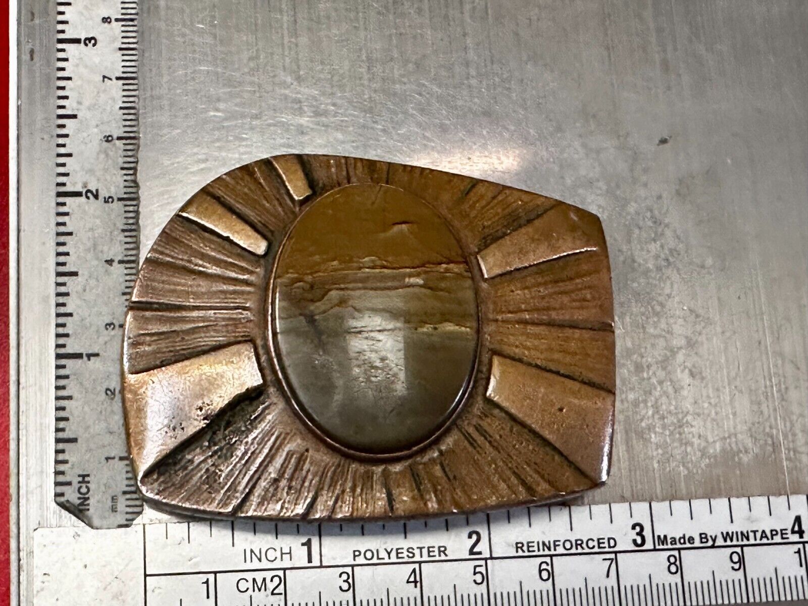 Art Deco Picture Jasper Cabochon Stone In Artisan Hippy Vibe Brass Belt Buckle