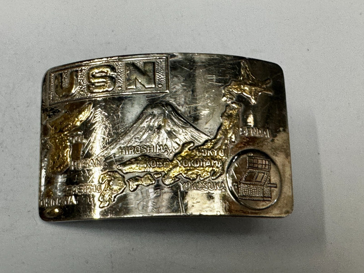 USN United State Navy Japan Korea Map Military Style Ratchet Belt Buckle
