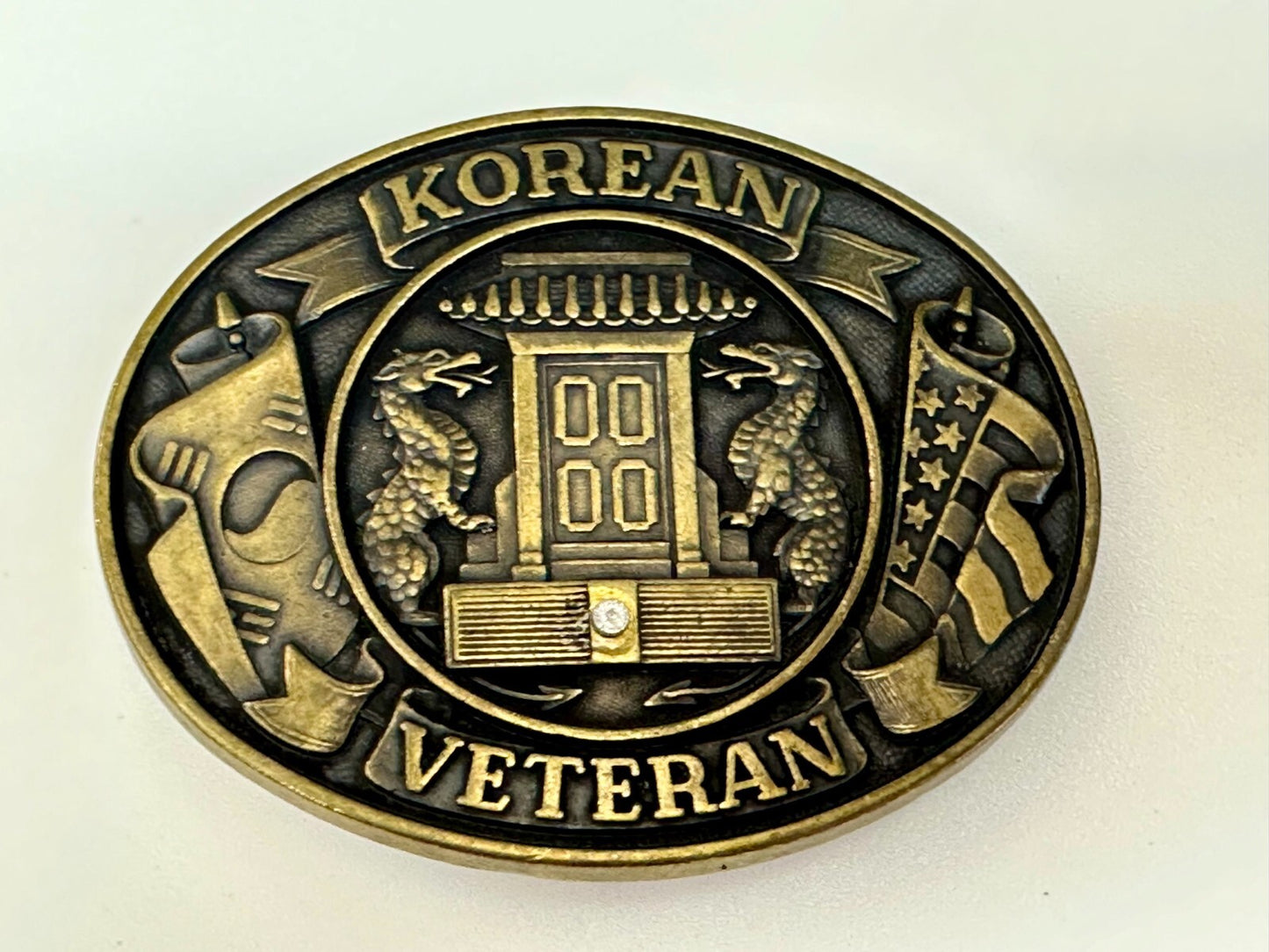 American Korean War Veteran WW II Soldier Commemorative Brass Tone Belt Buckle