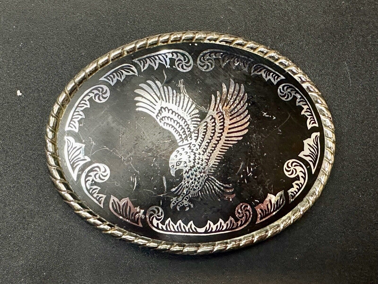 American Eagle black & silver tone Mixed metal vintage belt buckle marked W