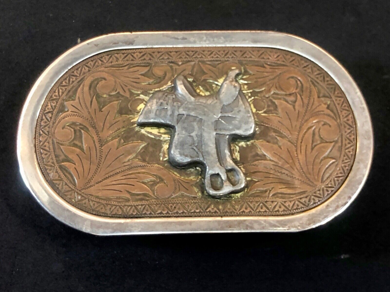 Vintage Horse saddle western belt buckle Nickel plate 
