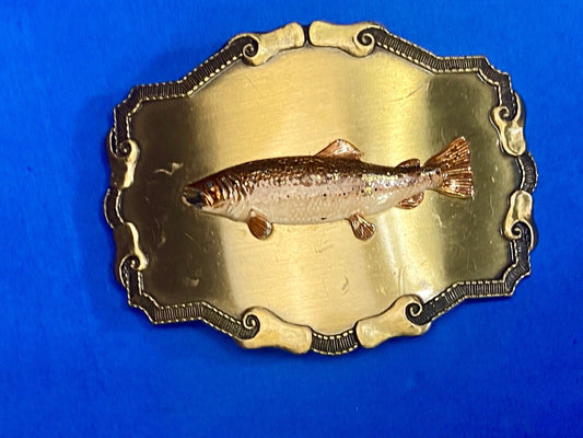 Vintage 1970'S Western Framed Trout Fish Fishing Rraintree Belt Buckle 