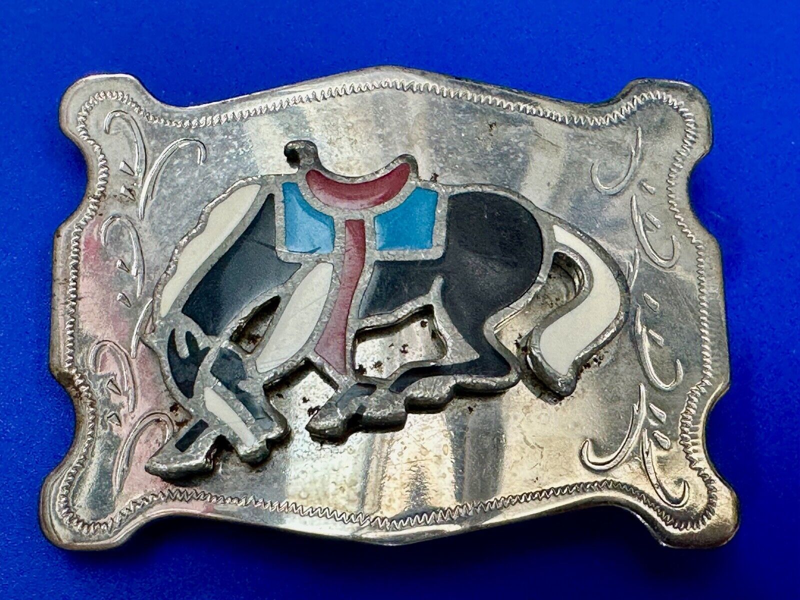 Vintage Cowboy's Horse Saddle Bronc western Inlaid enamel belt buckle