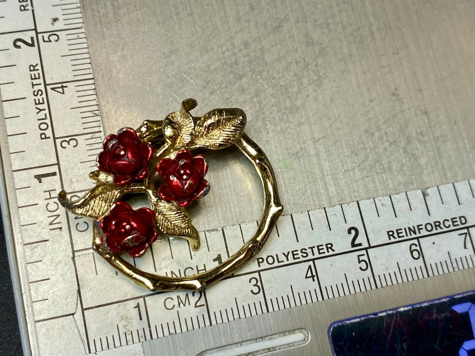 Vintage Gerry's Gold Tone Red Enamel Figural Round Rose Flower Brooch Pin