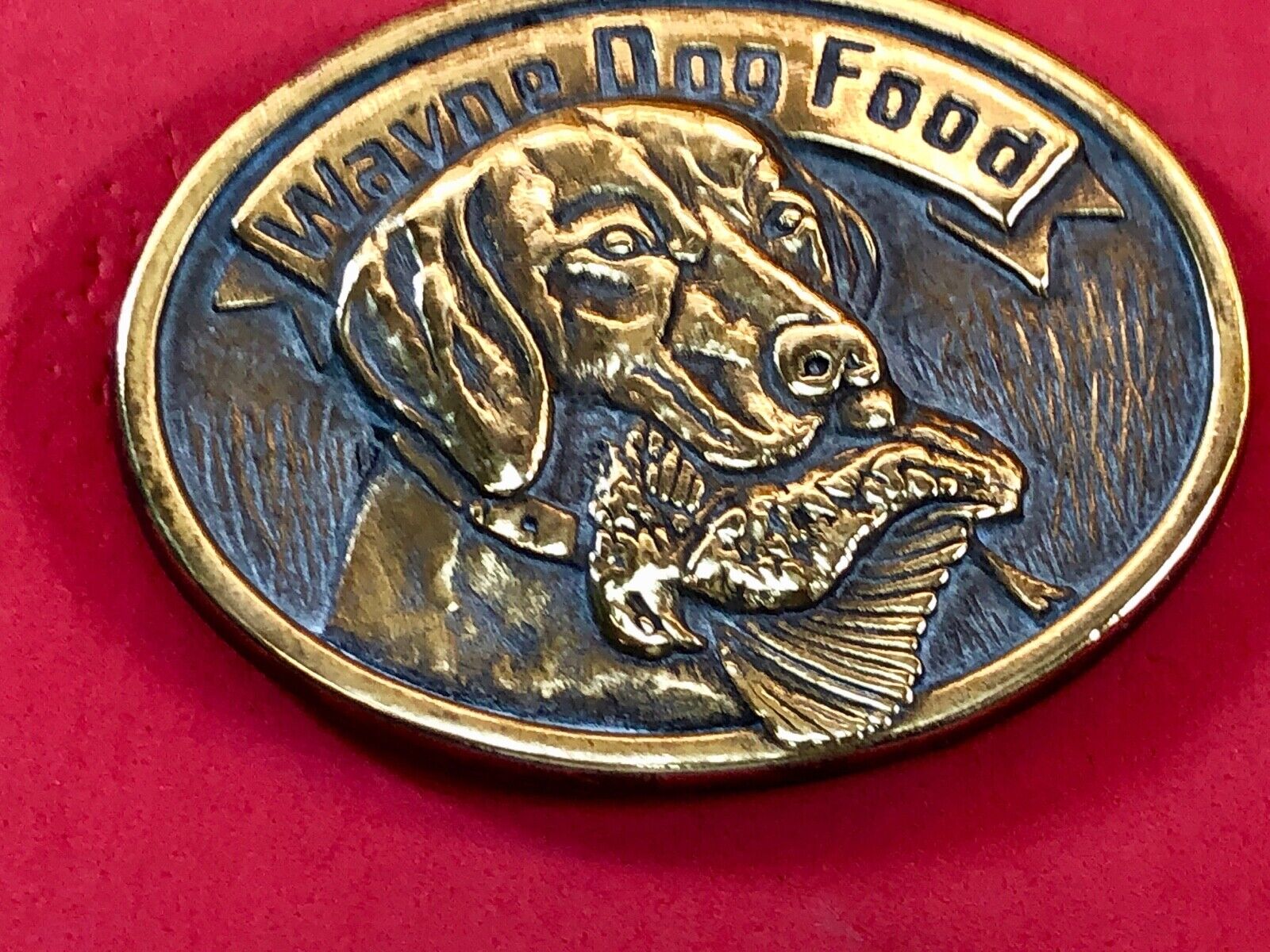 1980's Wayne Dog Food Belt Buckle Lab Bird Hunting Dog 50th Anniversary