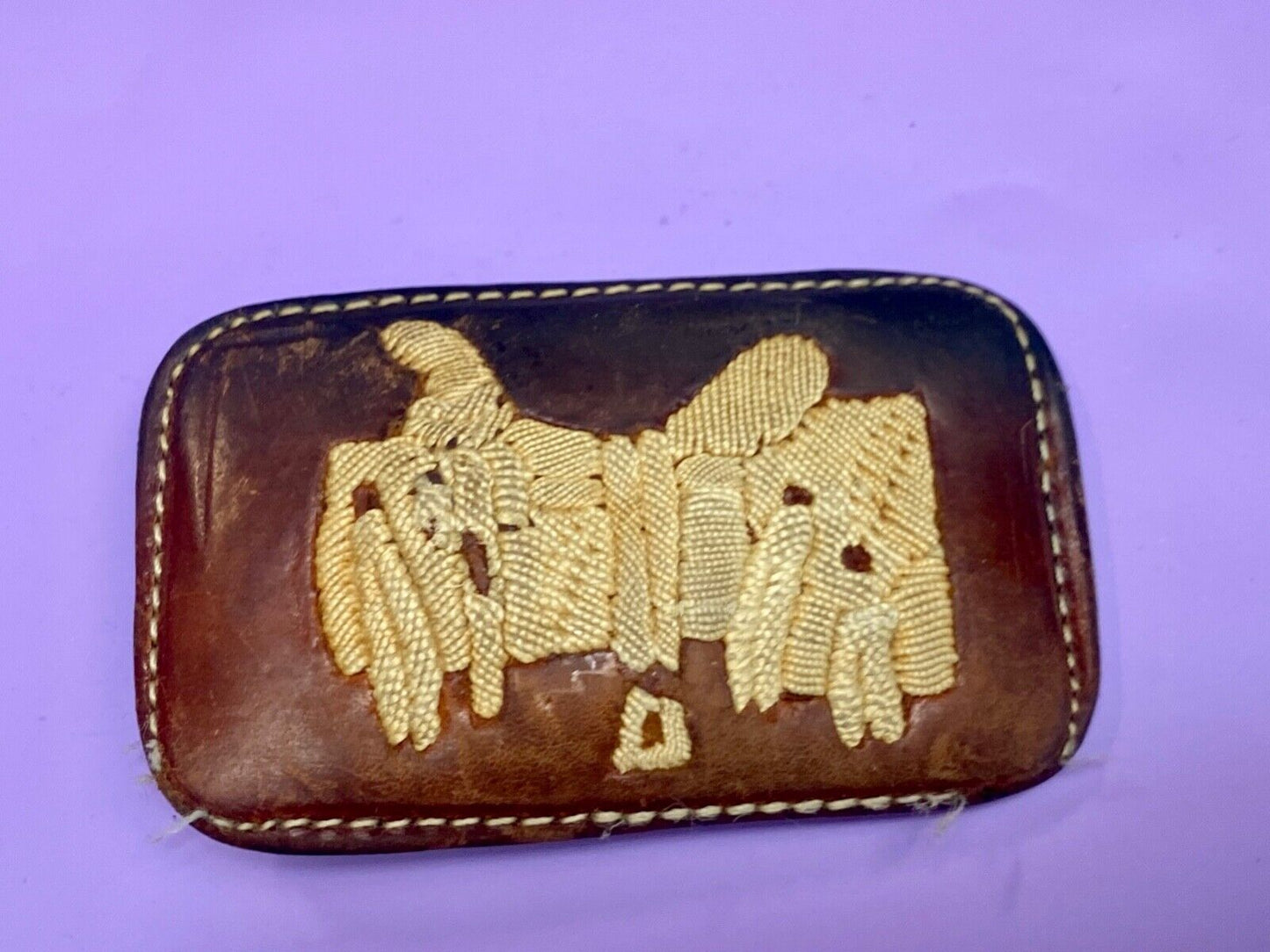 Vintage leather stitched horse saddler belt buckle signed Tres Ranchitas