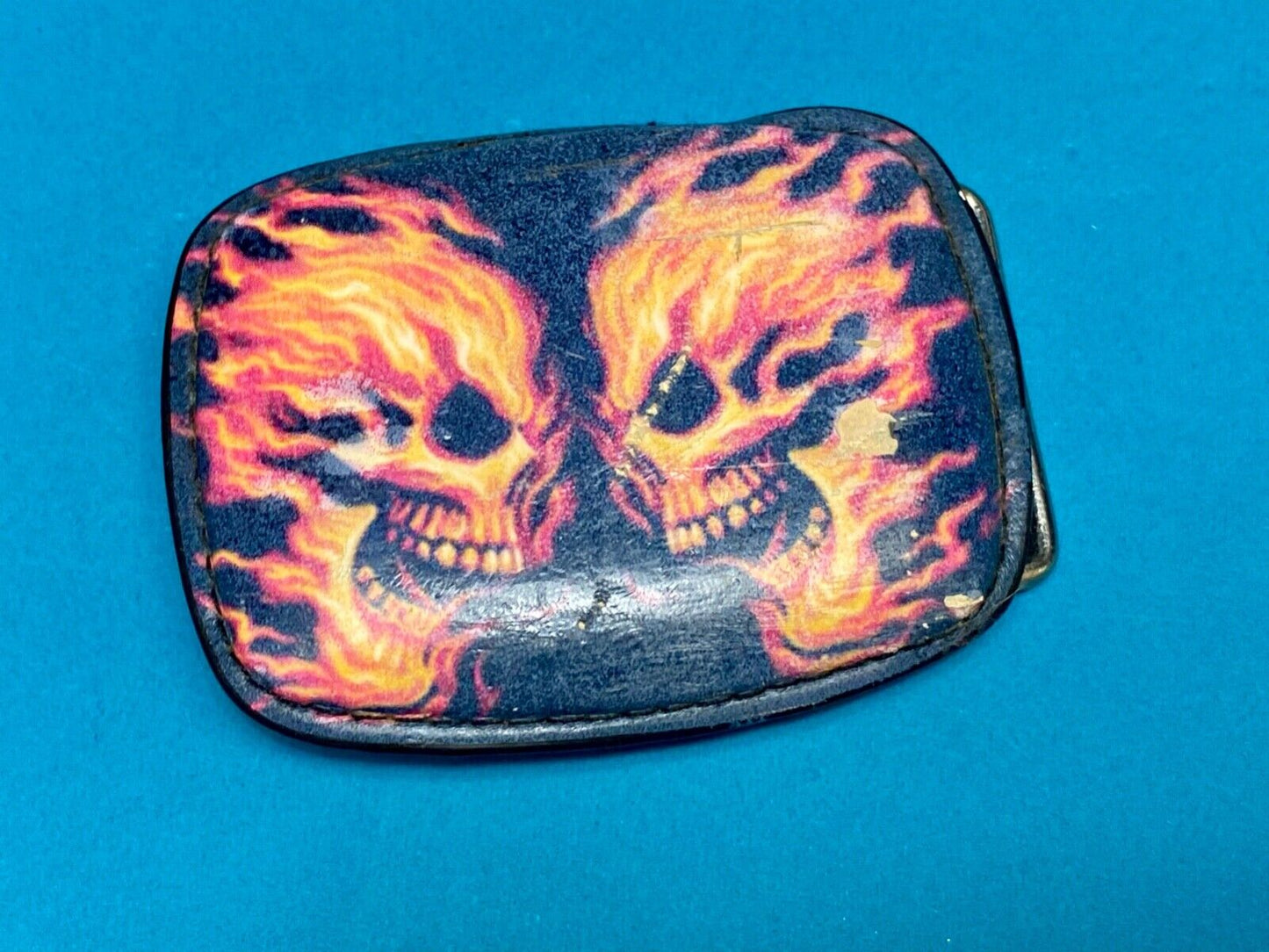 Two Flaming Skulls Heads Facing Each Other Black Belt Buckle